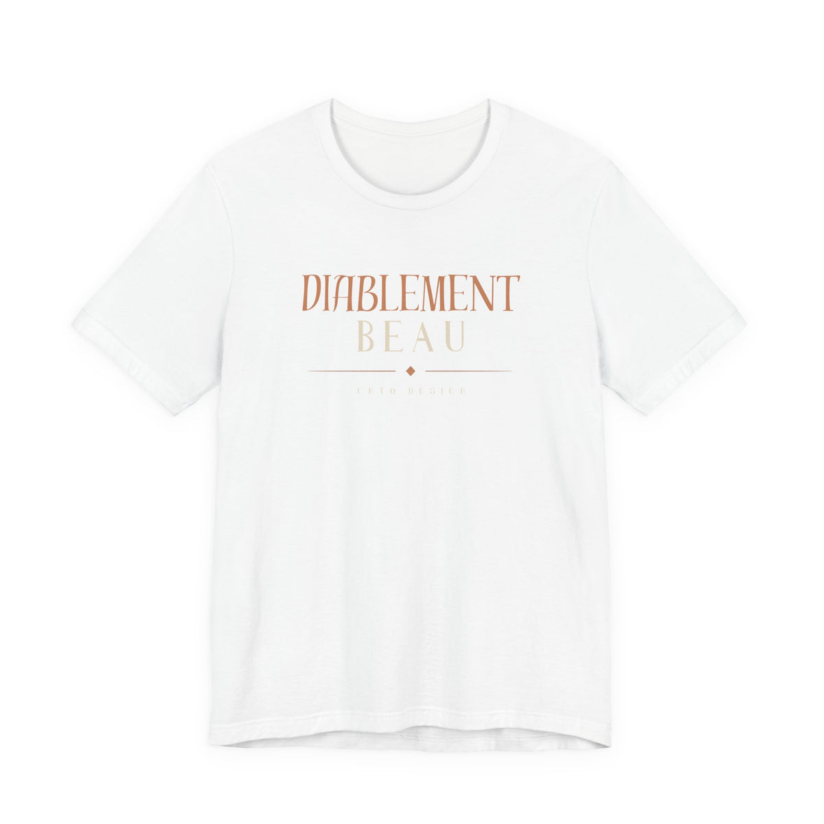 A white short-sleeve crewneck t-shirt with the words 'DIABILITY BEAUTY' printed on the chest in a muted rose-gold/copper tone, displayed against a solid white background.