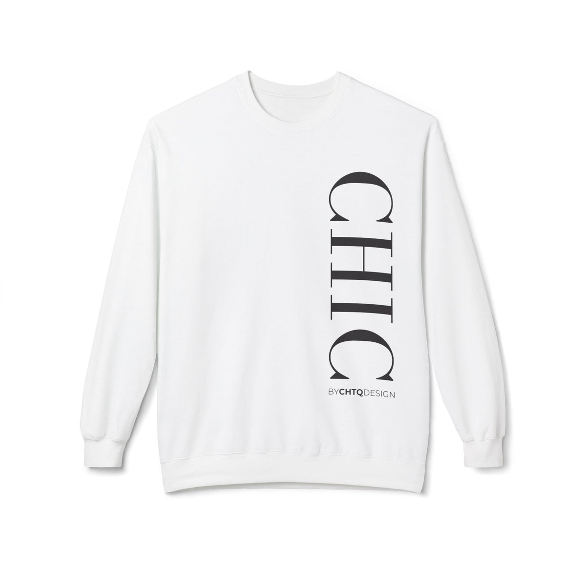 A white crewneck sweatshirt with a large vertical black 'CHIC' graphic and smaller 'BY CHTQ DESIGN' text on the front, displayed against a plain white background.