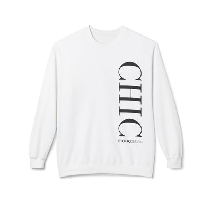 A white crewneck sweatshirt with a large vertical black 'CHIC' graphic and smaller 'BY CHTQ DESIGN' text on the front, displayed against a plain white background.