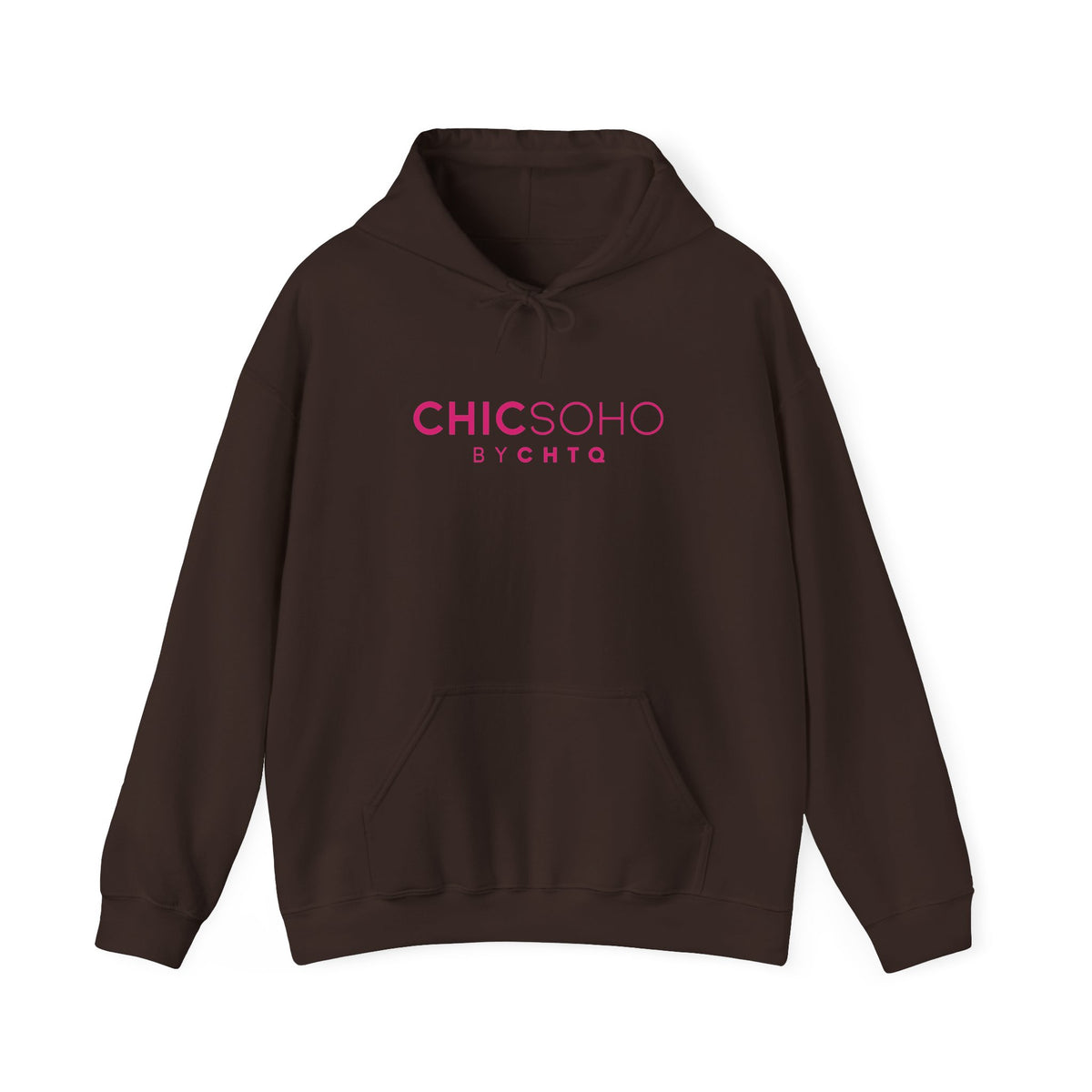 Brown pullover hoodie with a pink CHICSOHO BY CHTQ logo printed on the chest, displayed on a clean white background.