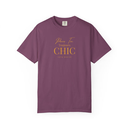 A purple CHTQ Design T-shirt with gold “Pour Toi. Toujours CHIC” typography on the front.