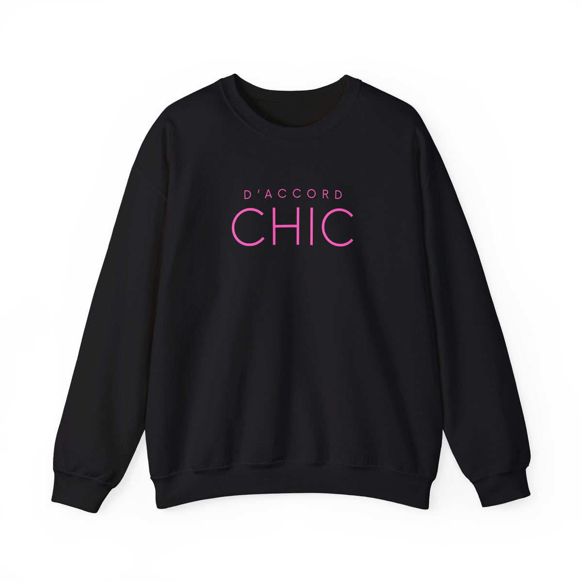 Black D’Accord Chic graphic sweatshirt featuring pink typography on the front.