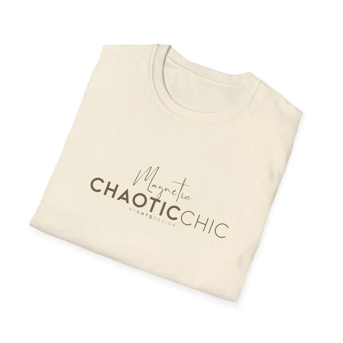 A cream colored short-sleeve graphic T-shirt with 'Magnetic Chaotic Chic' printed in green across the chest, displayed against a plain white background.