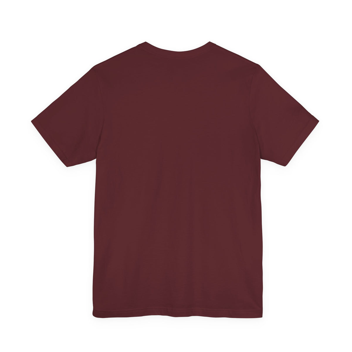 Maroon t-shirt from back on a white background