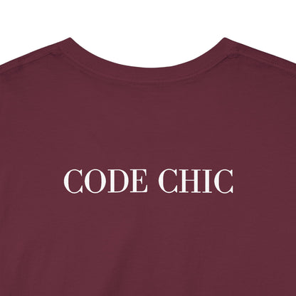 A close-up of a maroon crewneck t-shirt with the words 'CODE CHIC' printed in white serif capital letters across the chest, set against a plain white background.