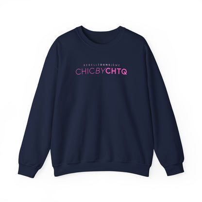 A navy blue color crewneck sweatshirt with text reading “CHIC BY CHTQ” and “REBELLE DANS L’ÂME” printed across the chest.