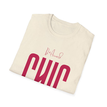Folded natural cream D’Accord CHIC T-shirt with raspberry pink front graphic.