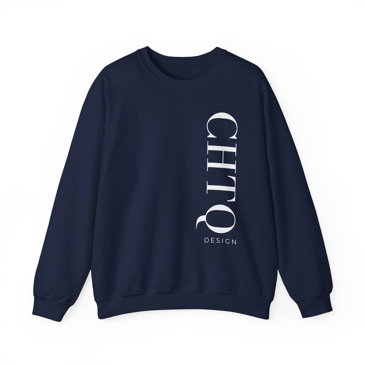 A navy blue crewneck sweatshirt with a vertical white CHTQ DESIGN graphic on the front, displayed against a clean white background.