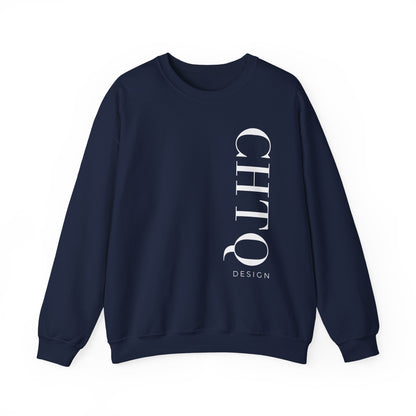 A navy blue crewneck sweatshirt with a vertical white CHTQ DESIGN graphic on the front, displayed against a clean white background.