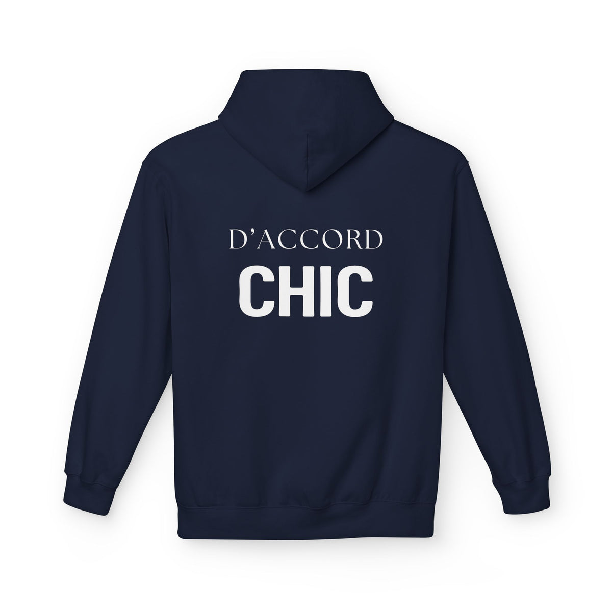 A navy blue hoodie shown from the back, featuring the words 'D'ACCORD CHIC' printed in white across the upper back.