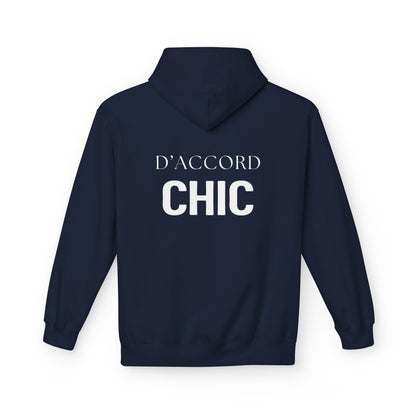 A navy blue hoodie shown from the back, featuring the words 'D'ACCORD CHIC' printed in white across the upper back.