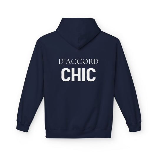 A navy blue hoodie shown from the back, featuring the words 'D'ACCORD CHIC' printed in white across the upper back.