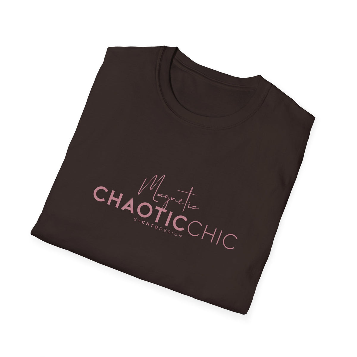 A dark brown folded short-sleeve graphic T-shirt with 'Magnetic Chaotic Chic' printed in pink across the chest, displayed against a plain white background.