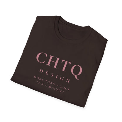 A folded dark brown CHTQ Design graphic T-shirt with pink “CHTQ DESIGN” and “More Than a Look, It’s a Mindset” text on the front, displayed on a white background.