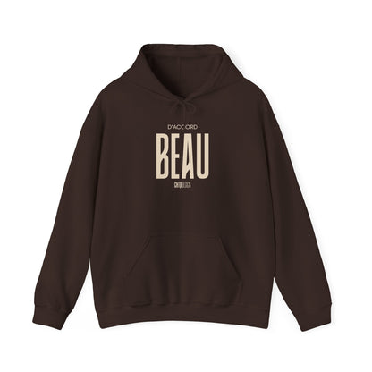Brown hoodie with a D'Accord BEAU' graphic on a white background