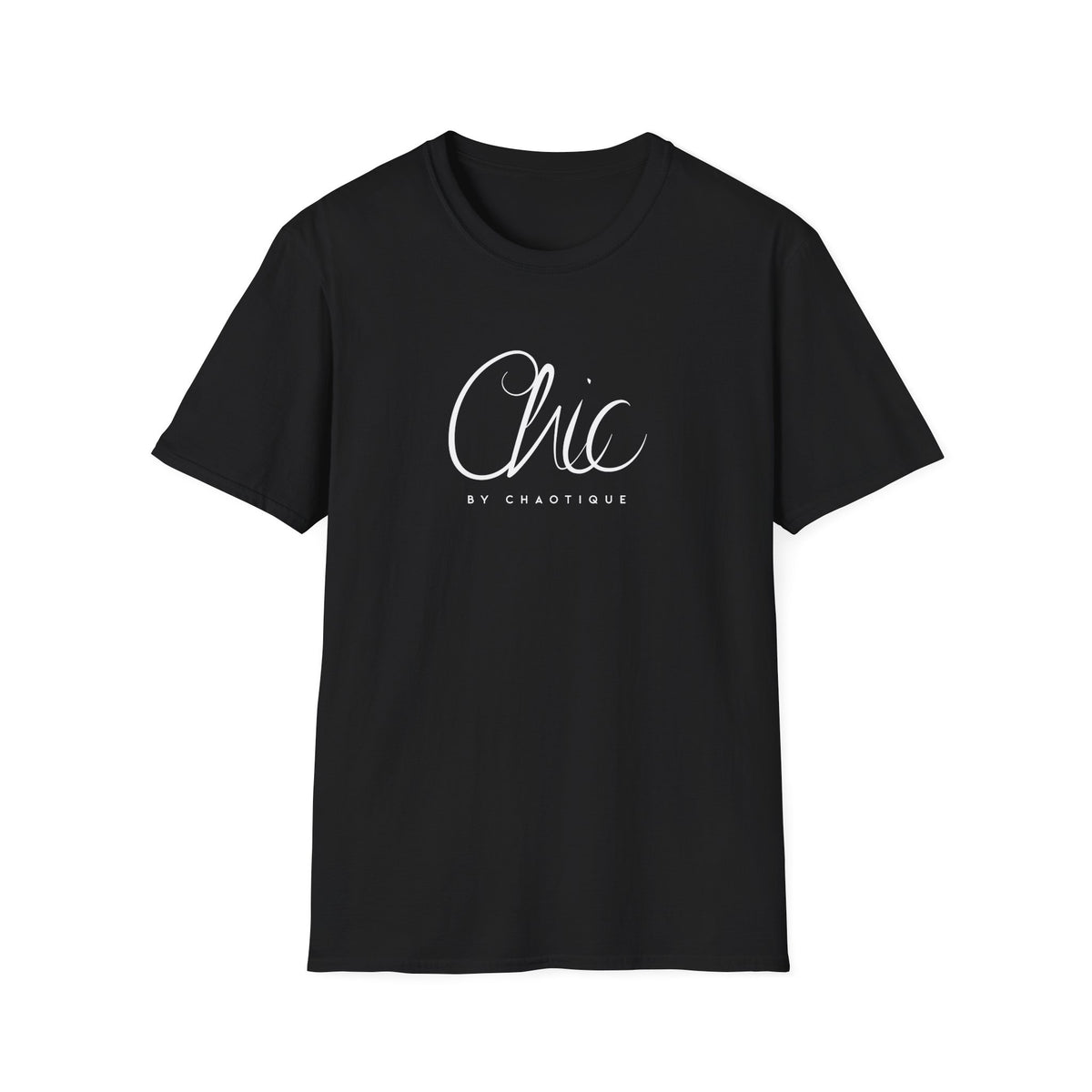 Black graphic T-shirt featuring white Chic by Chaotique typography on the front.
