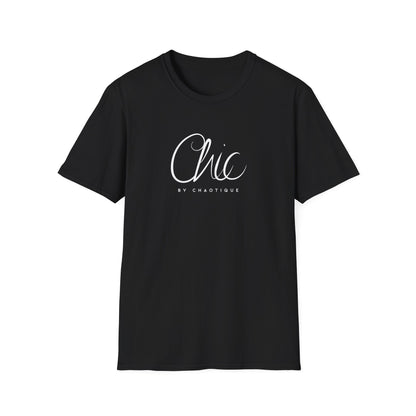 Black graphic T-shirt featuring white Chic by Chaotique typography on the front.
