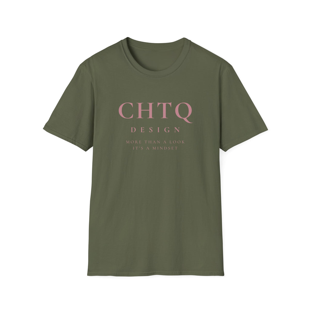 A green crewneck T-shirt with pink “CHTQ DESIGN” and “MORE THAN A SHIRT, IT’S A MOVEMENT” text on the front, against a plain white background.