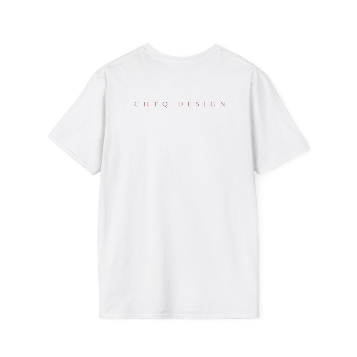 A white crewneck T-shirt from back with pink “CHTQ DESIGN” and “MORE THAN A SHIRT, IT’S A MOVEMENT” text on the front, paired with black pants against a plain white background.