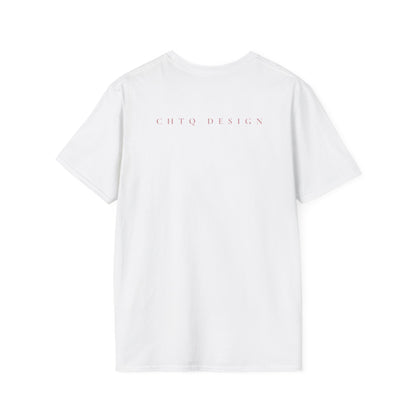 A white crewneck T-shirt from back with pink “CHTQ DESIGN” and “MORE THAN A SHIRT, IT’S A MOVEMENT” text on the front, paired with black pants against a plain white background.