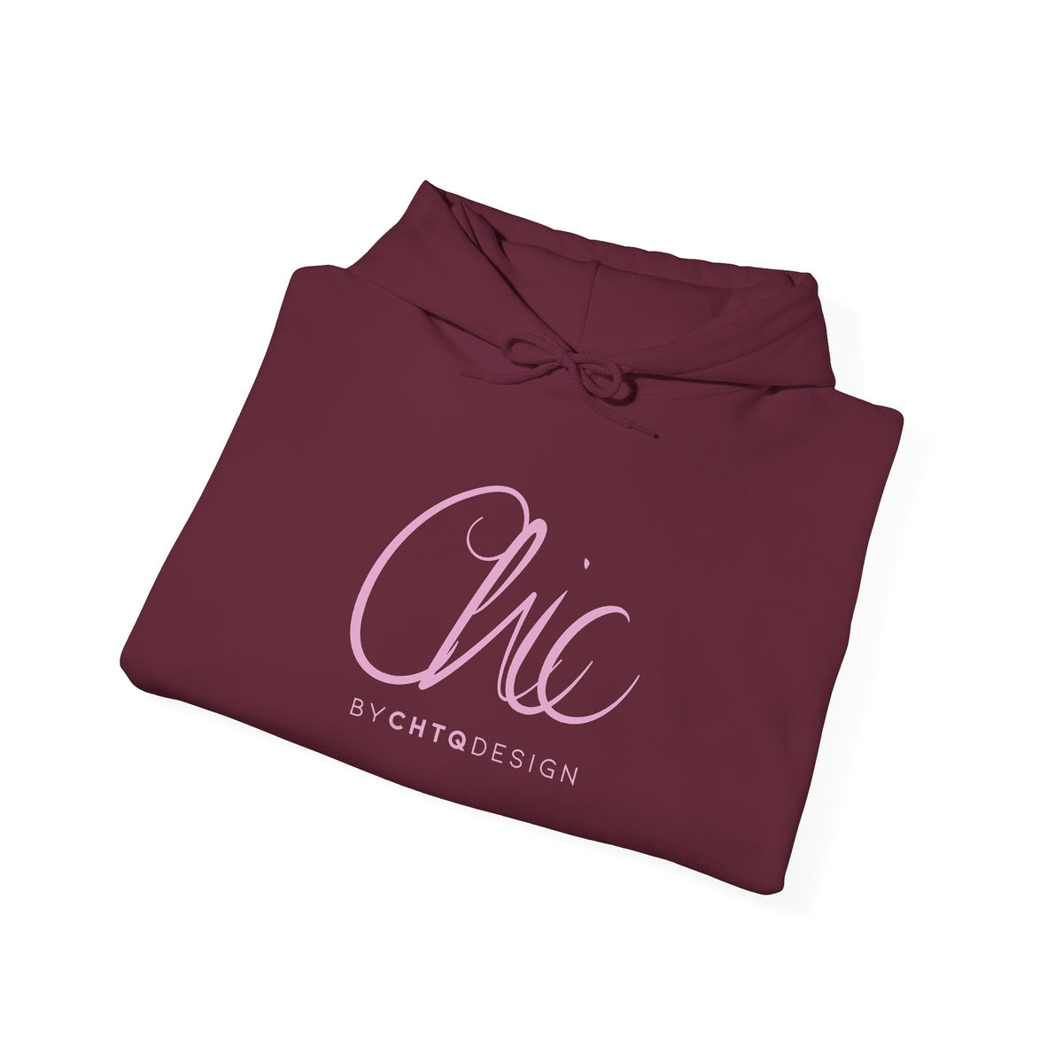 Folded CHIC BY CHTQ DESIGN maroon women’s hoodie with rose gold script graphic 