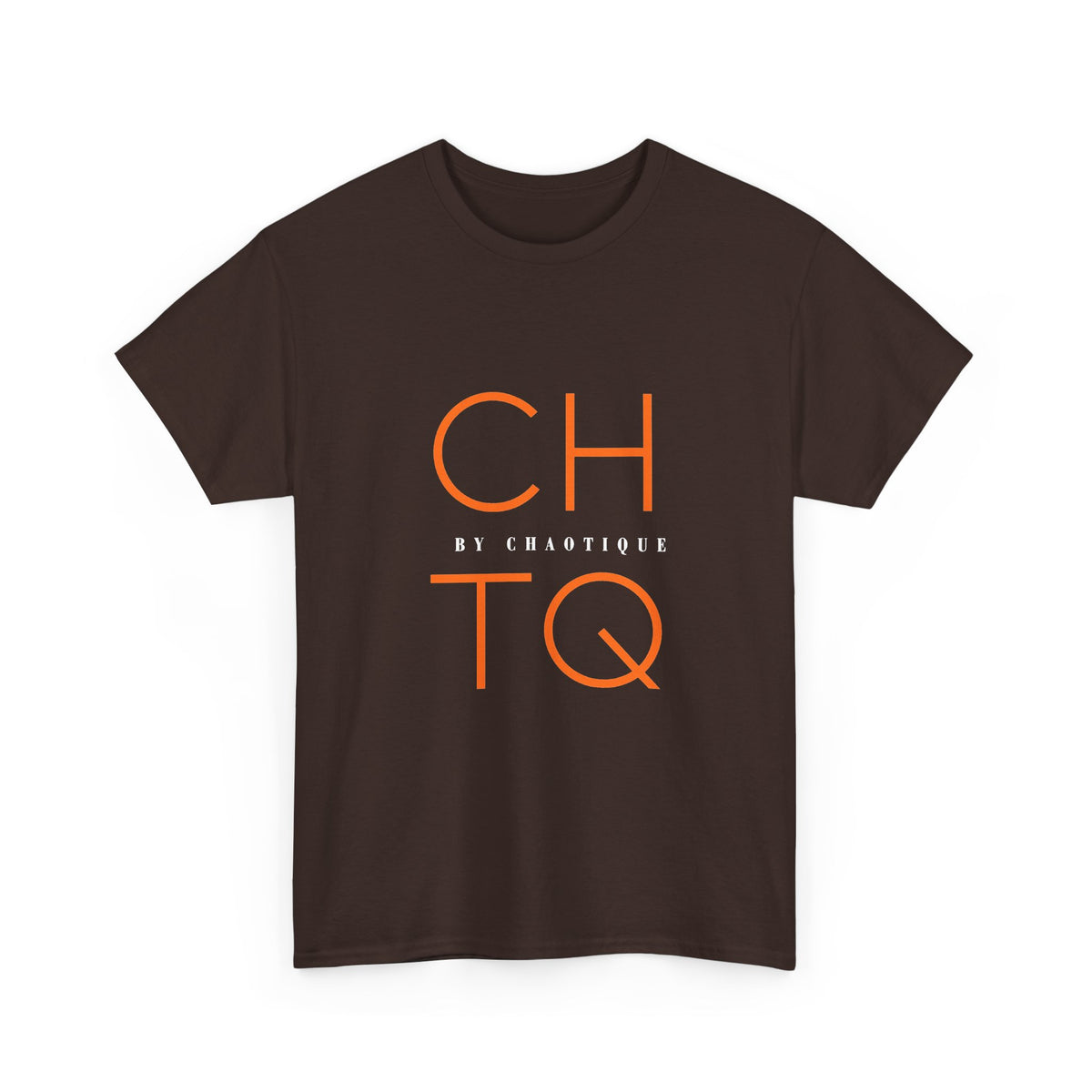 A dark brown short-sleeve crewneck t-shirt featuring a graphic print on the front with the letters 'CHTQ' in orange, separated by the text 'BY CHAOTIQUE' in smaller white letters.