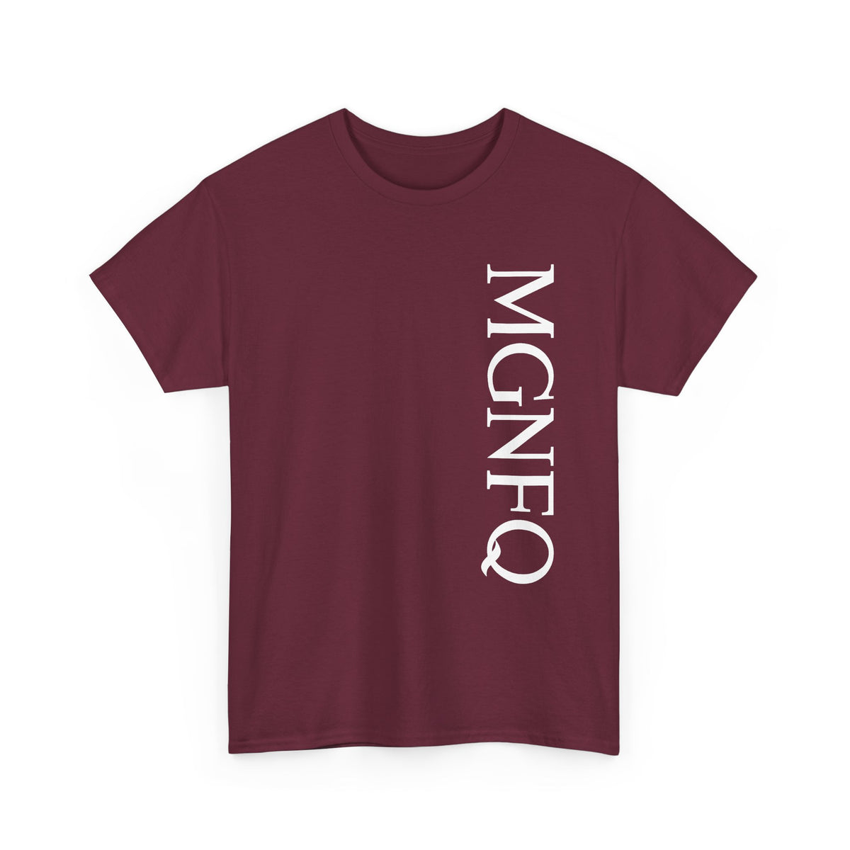 A maroon short-sleeve crewneck T-shirt featuring “MGNFQ” printed vertically in white letters on the right side of the front, displayed against a plain white background.