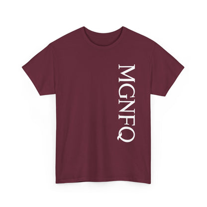 A maroon short-sleeve crewneck T-shirt featuring “MGNFQ” printed vertically in white letters on the right side of the front, displayed against a plain white background.