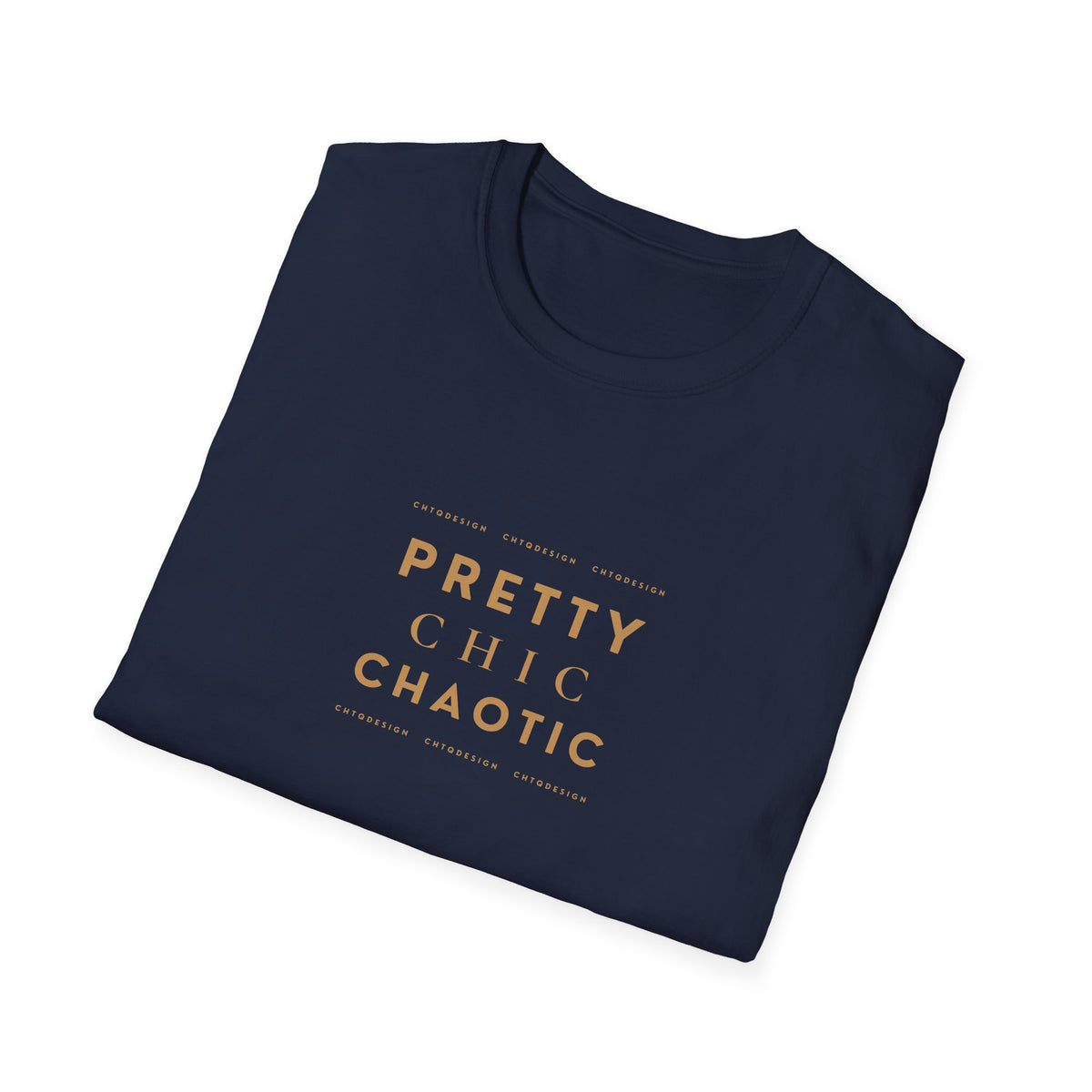 A folded navy short-sleeve graphic T-shirt with 'Pretty Chic Chaotic' printed in gold on the front, displayed against a plain white background.