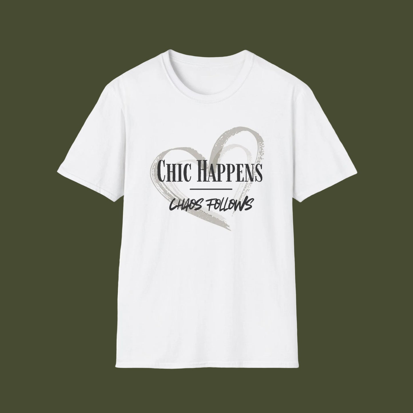 White t-shirt with black graphic design on a white background