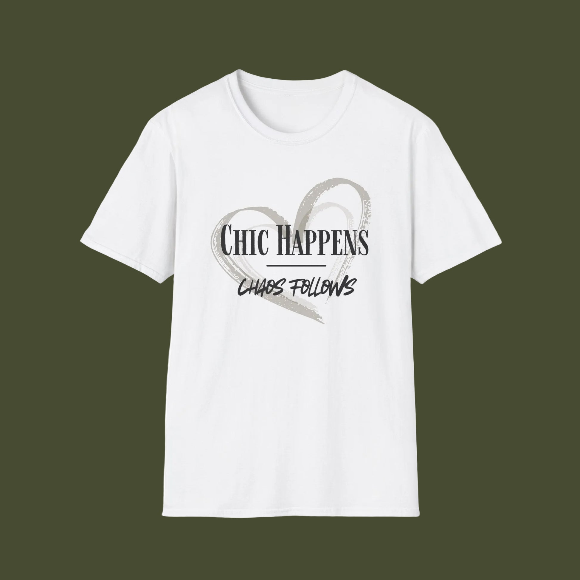 White t-shirt with black graphic design on a white background