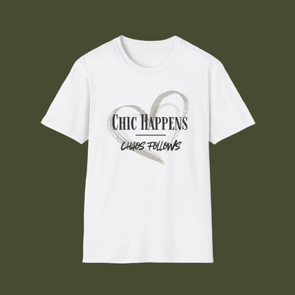 White t-shirt with black graphic design on a white background