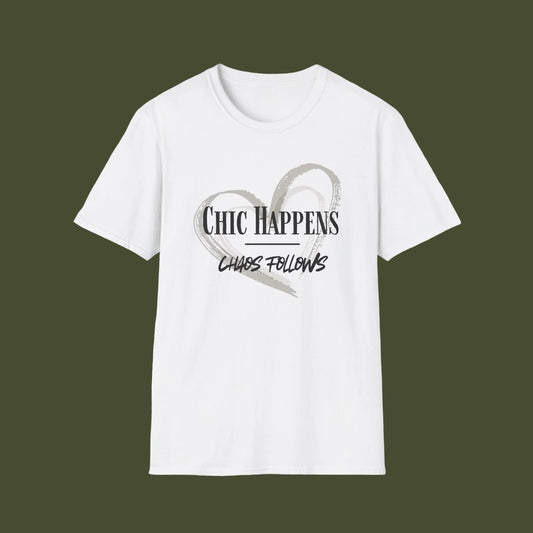 White t-shirt with black graphic design on a white background