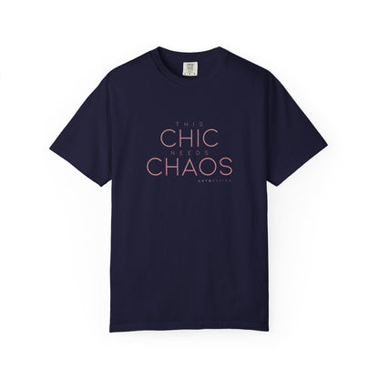 True navy THIS CHIC NEEDS CHAOS women’s graphic T-shirt with dusty rose typography by CHTQ Design