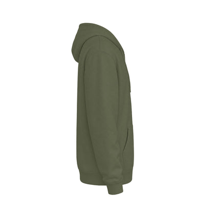Sleeve of olive greenhoodie shown from the back, featuring the words 'D'ACCORD CHIC' printed in white across the upper back.