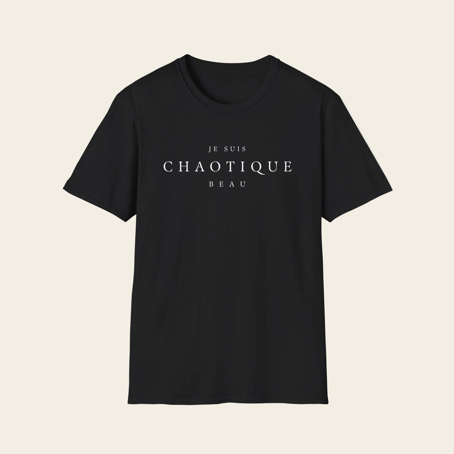 Black t-shirt with a yellow star and text on a white background