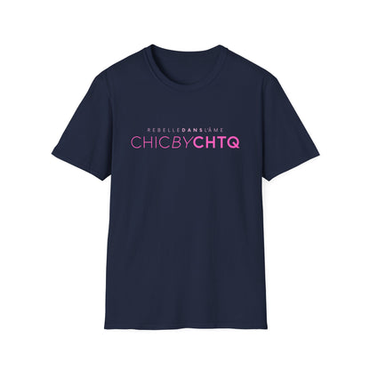 A navy blue short-sleeve crewneck T-shirt featuring pink “CHIC BY CHTQ” text with “REBELLE DANS L’ÂME” above, displayed against a clean white background.