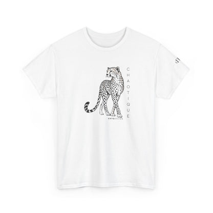 White CHAOTIQUE graphic T-shirt with hand-drawn cheetah illustration, vertical CHAOTIQUE text and CHTQ Design details.