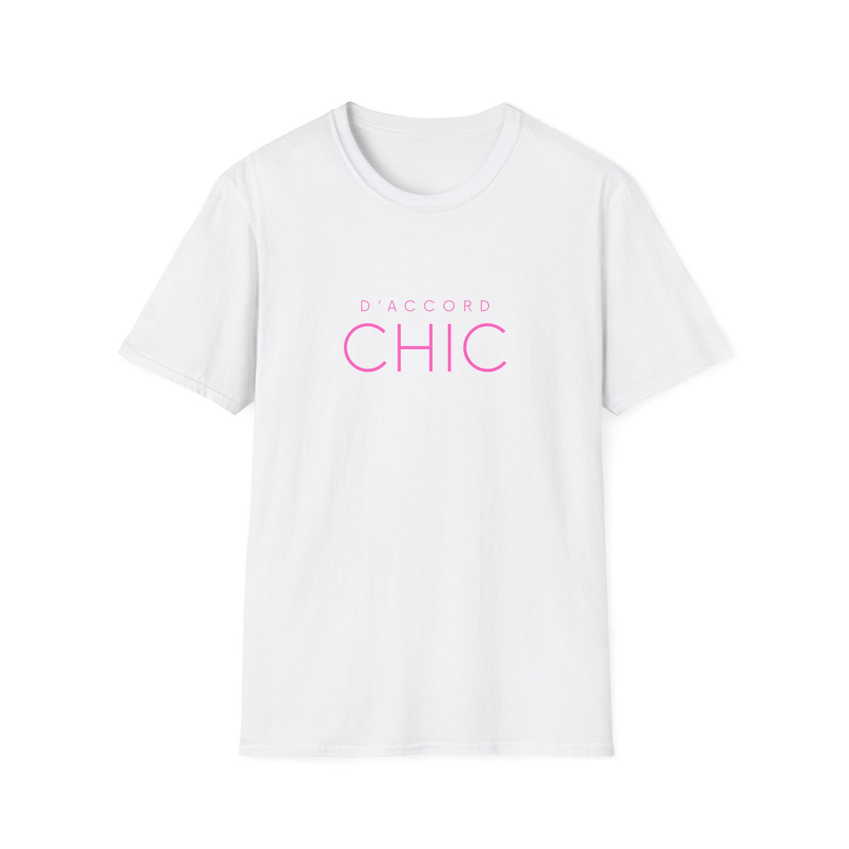 White graphic T-shirt featuring bold D’Accord Chic typography on the front.