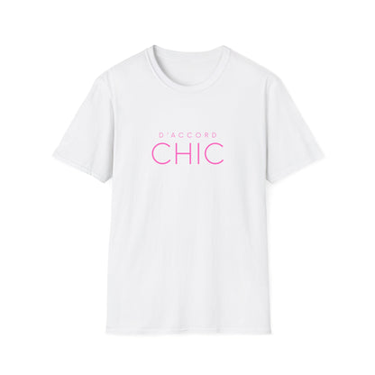 White graphic T-shirt featuring bold D’Accord Chic typography on the front.