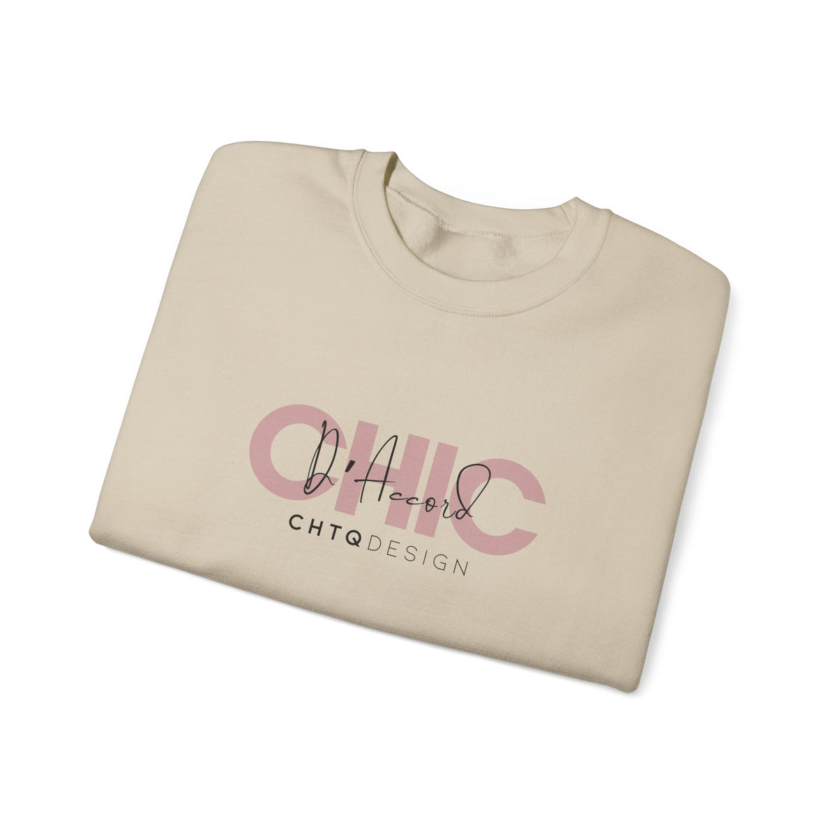 A folded CHIC D’Accord CHTQ Design sand crewneck sweatshirt with dusty rose graphic