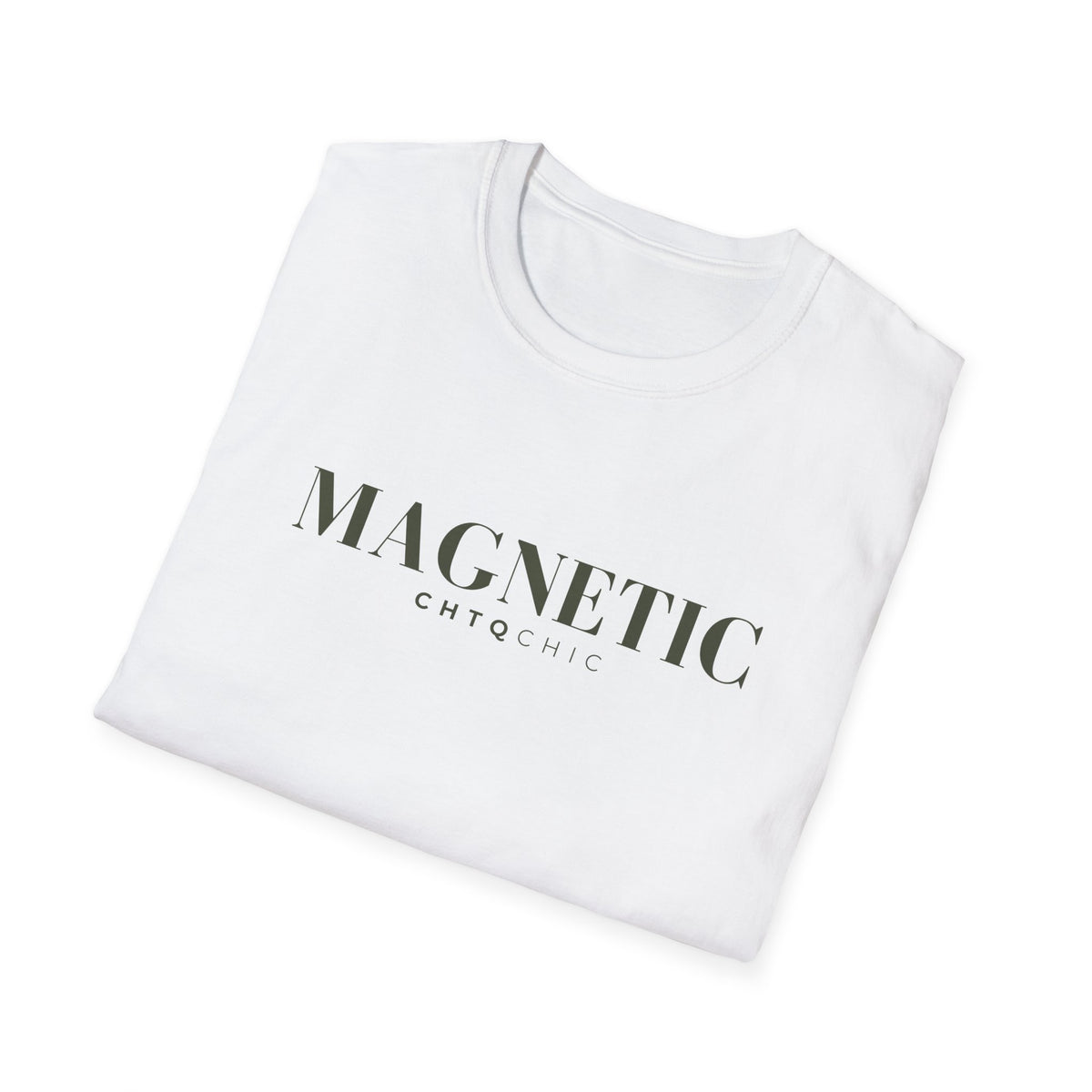 A folded white short-sleeve t-shirt with the text 'MAGNETIC' and 'CHTQCHIC' printed in dark gray on the front, displayed on a clean white background.