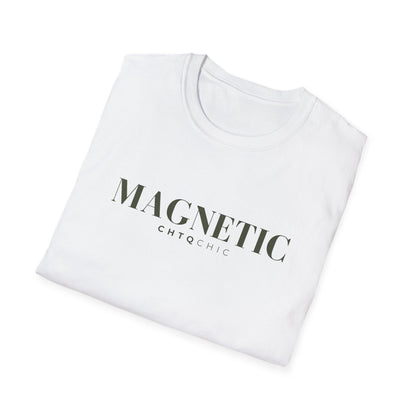 A folded white short-sleeve t-shirt with the text 'MAGNETIC' and 'CHTQCHIC' printed in dark gray on the front, displayed on a clean white background.