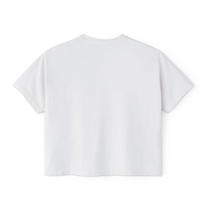 A white cropped boxy T-shirt from back,  featuring a black graphic print reading “Chic BY CHTQ” in elegant script and minimalist sans-serif lettering, displayed against a clean white background.