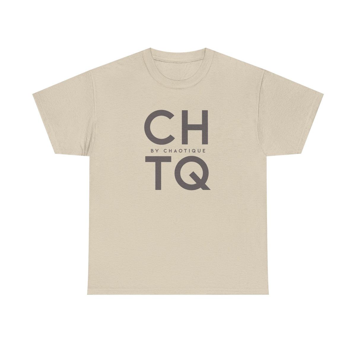A beige CHTQ BY CHAOTIQUE graphic T-shirt featuring a dark gray typographic print on the front, displayed against a clean white background.