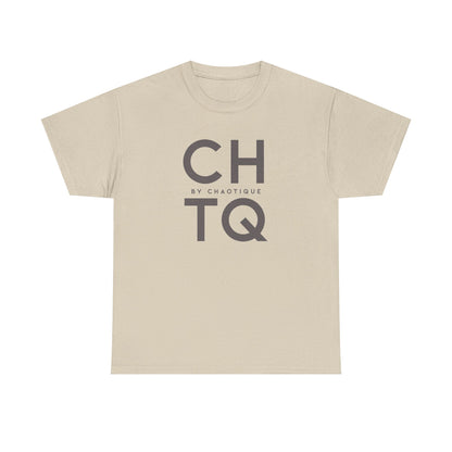 A beige CHTQ BY CHAOTIQUE graphic T-shirt featuring a dark gray typographic print on the front, displayed against a clean white background.