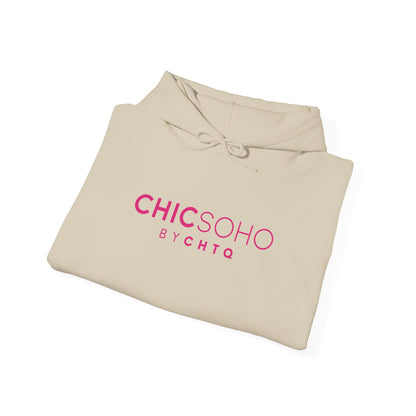 Beige pullover hoodie with a pink CHICSOHO BY CHTQ logo printed on the chest, displayed on a clean white background.