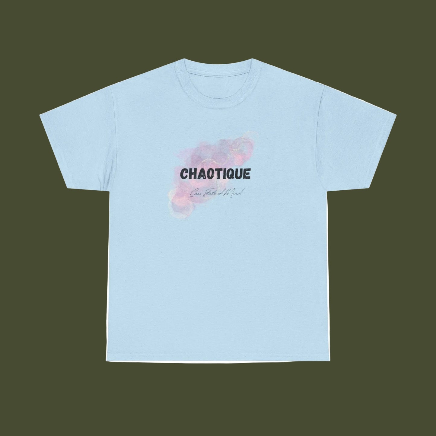 Light blue t-shirt with 'CHAOTIQUE Chic state of mind' text and graphic on a white background