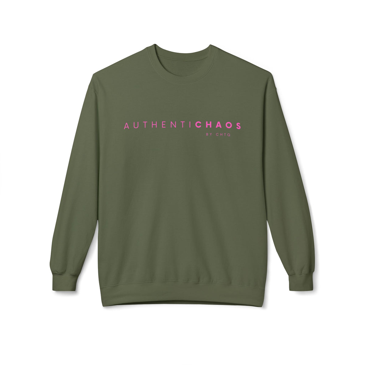 Military green AUTHENTICHAOS graphic sweatshirt with pink BY CHTQ typography, front view