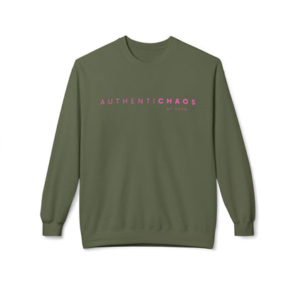 Military green AUTHENTICHAOS graphic sweatshirt with pink BY CHTQ typography, front view